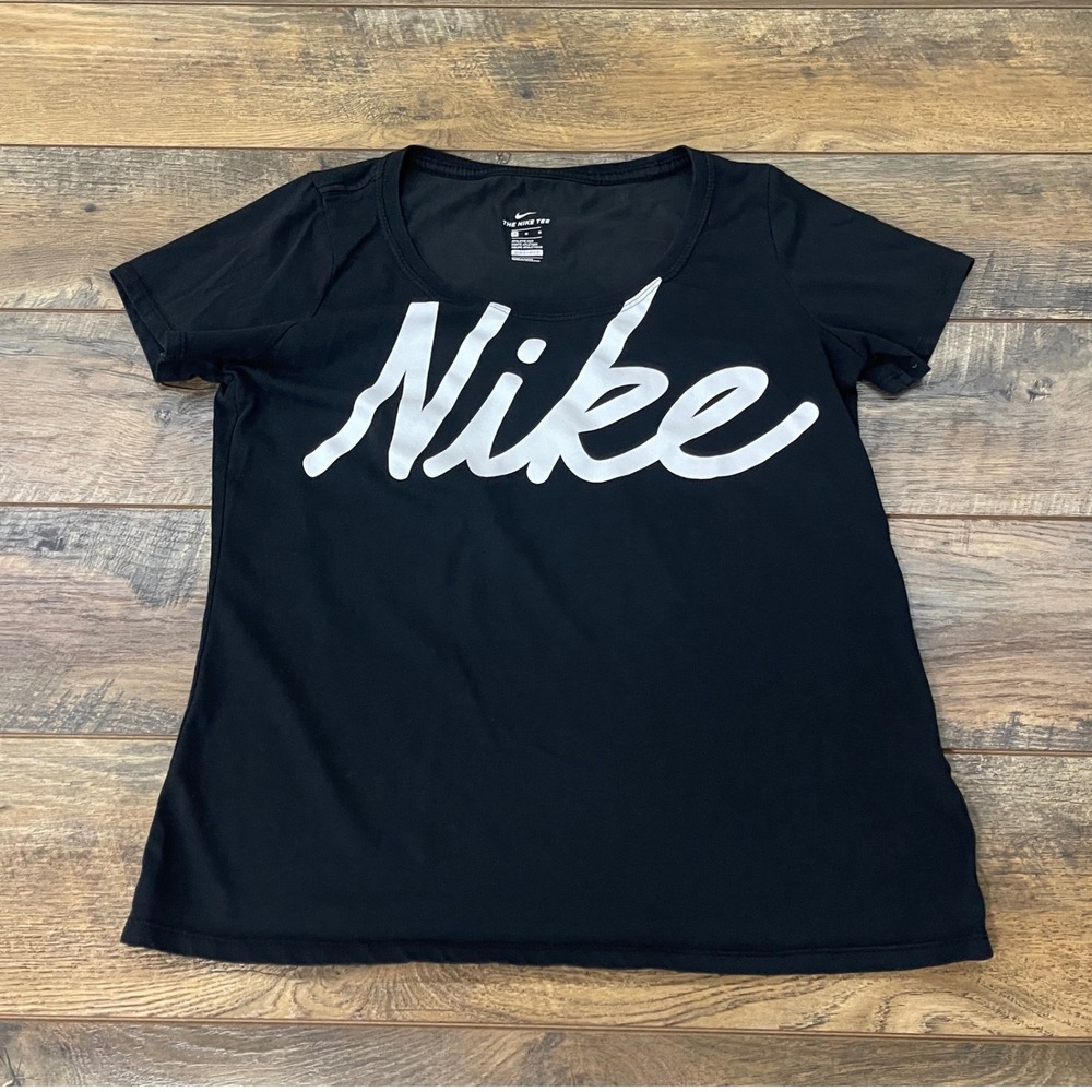 Nike Dri-FIT Athletic Cut Script Logo T-Shirt Black White Womens Medium Active